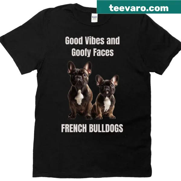 Illustrated T-shirt featuring goofy-faced French Bulldogs