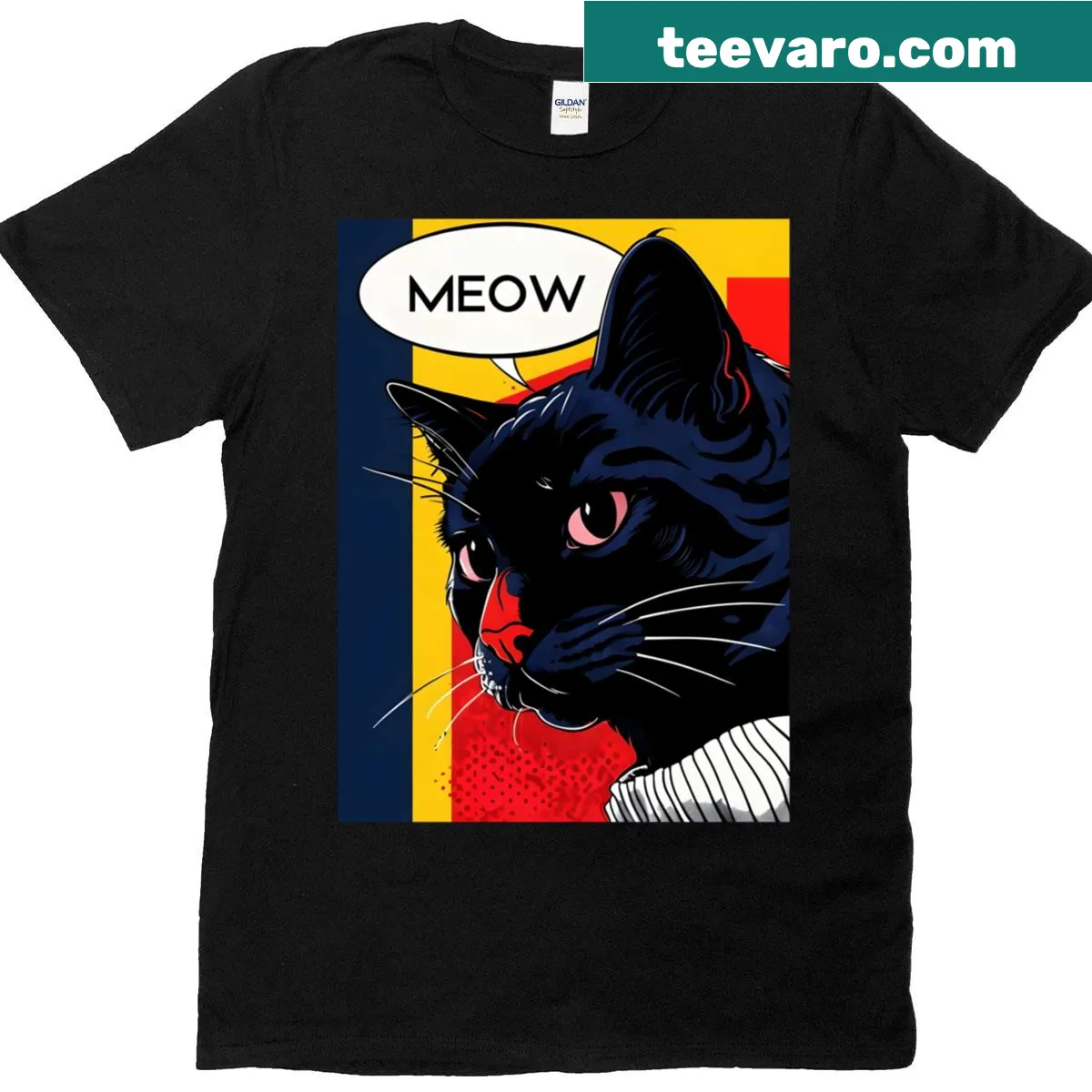 Comic-style T-shirt with a sarcastic cat speech bubble — on a men's t-shirt