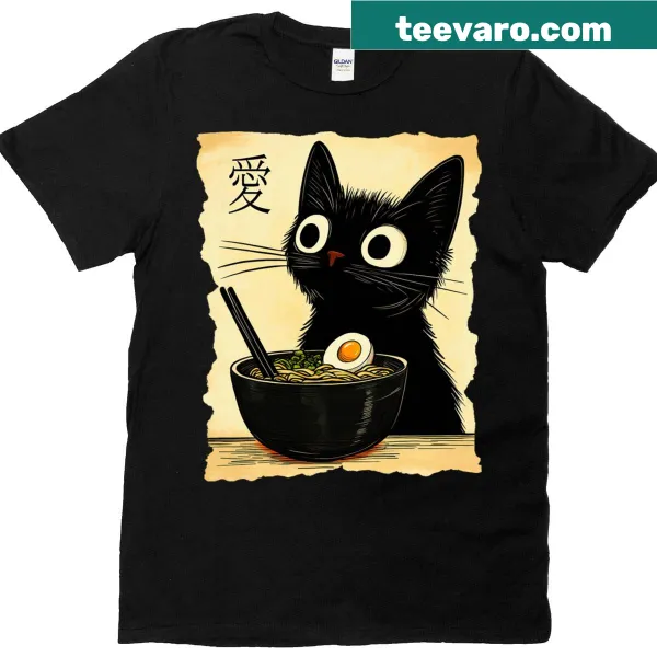 Cute graphic tee of a cat with ramen in kawaii style