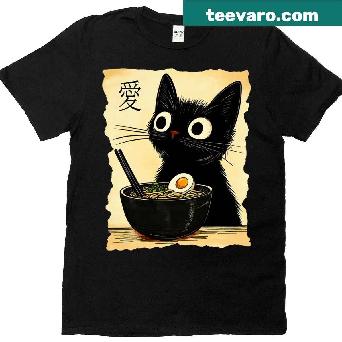 Cute graphic tee of a cat with ramen in kawaii style — on a men's t-shirt