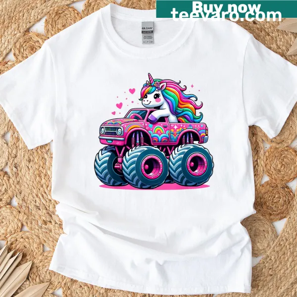 T-shirt with a cute unicorn riding a pink monster truck