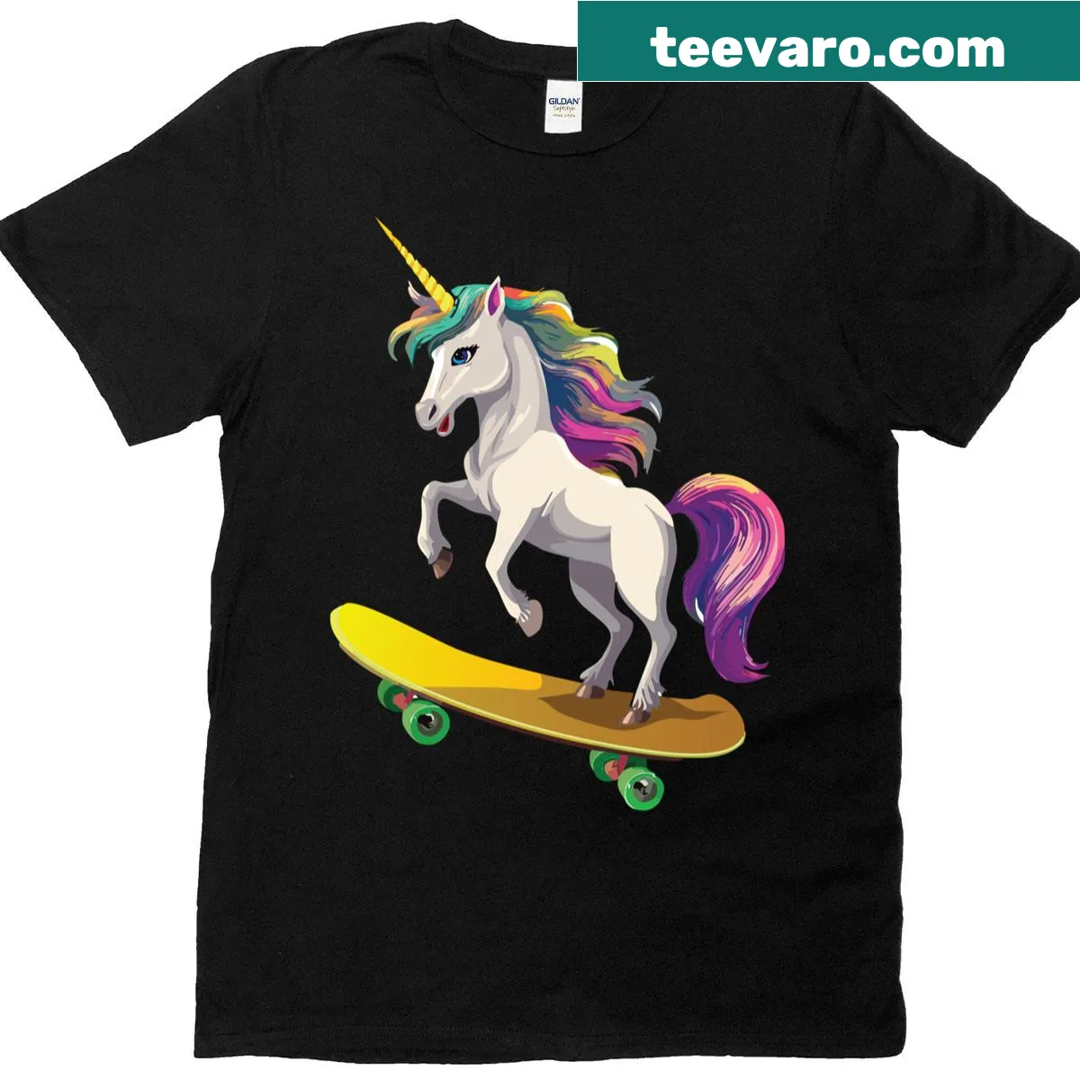Cartoon unicorn riding a skateboard in a cute style. — on a men's t-shirt