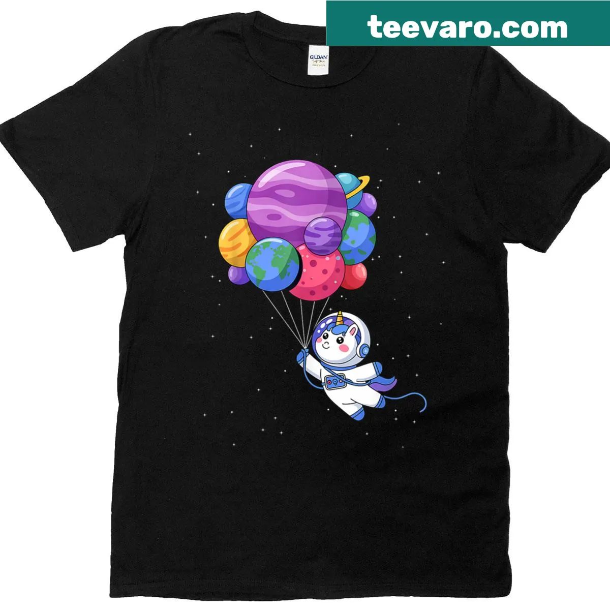 Cartoon unicorn in spacesuit graphic on T-shirt — on a men's t-shirt