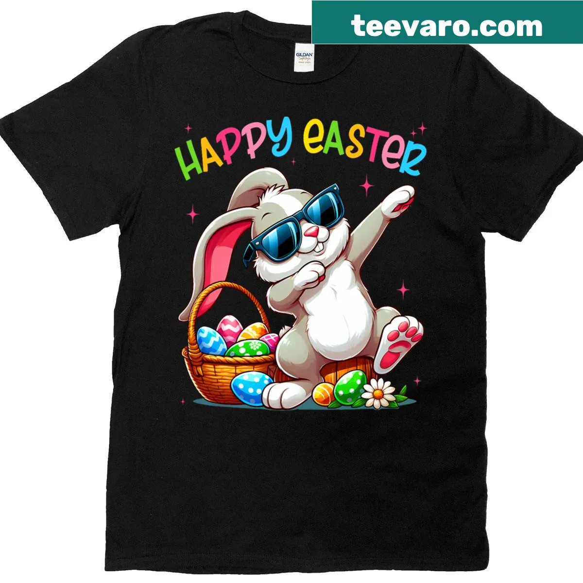 Dabbing bunny graphic for Easter on a playful t-shirt — on a men's t-shirt
