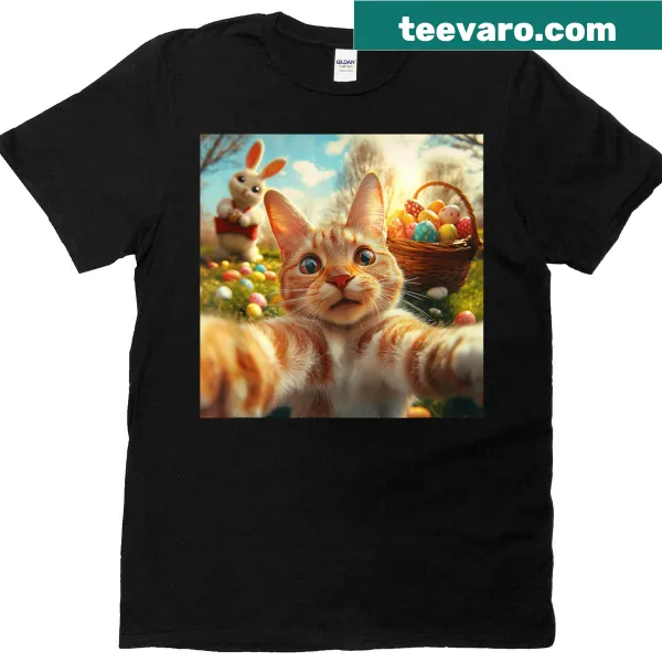 Funny T-shirt with a cat selfie with the Easter Bunny