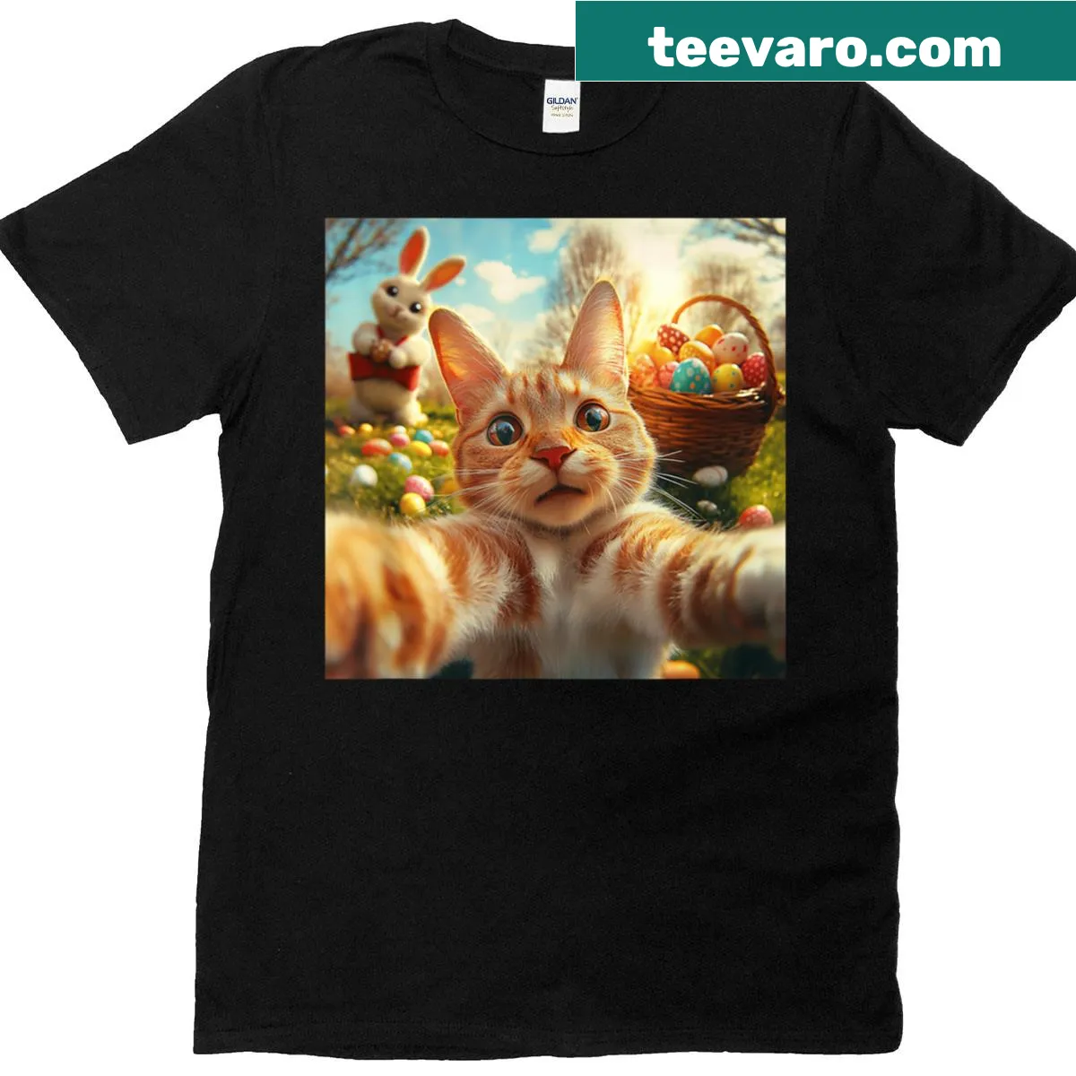Funny T-shirt with a cat selfie with the Easter Bunny — on a men's t-shirt