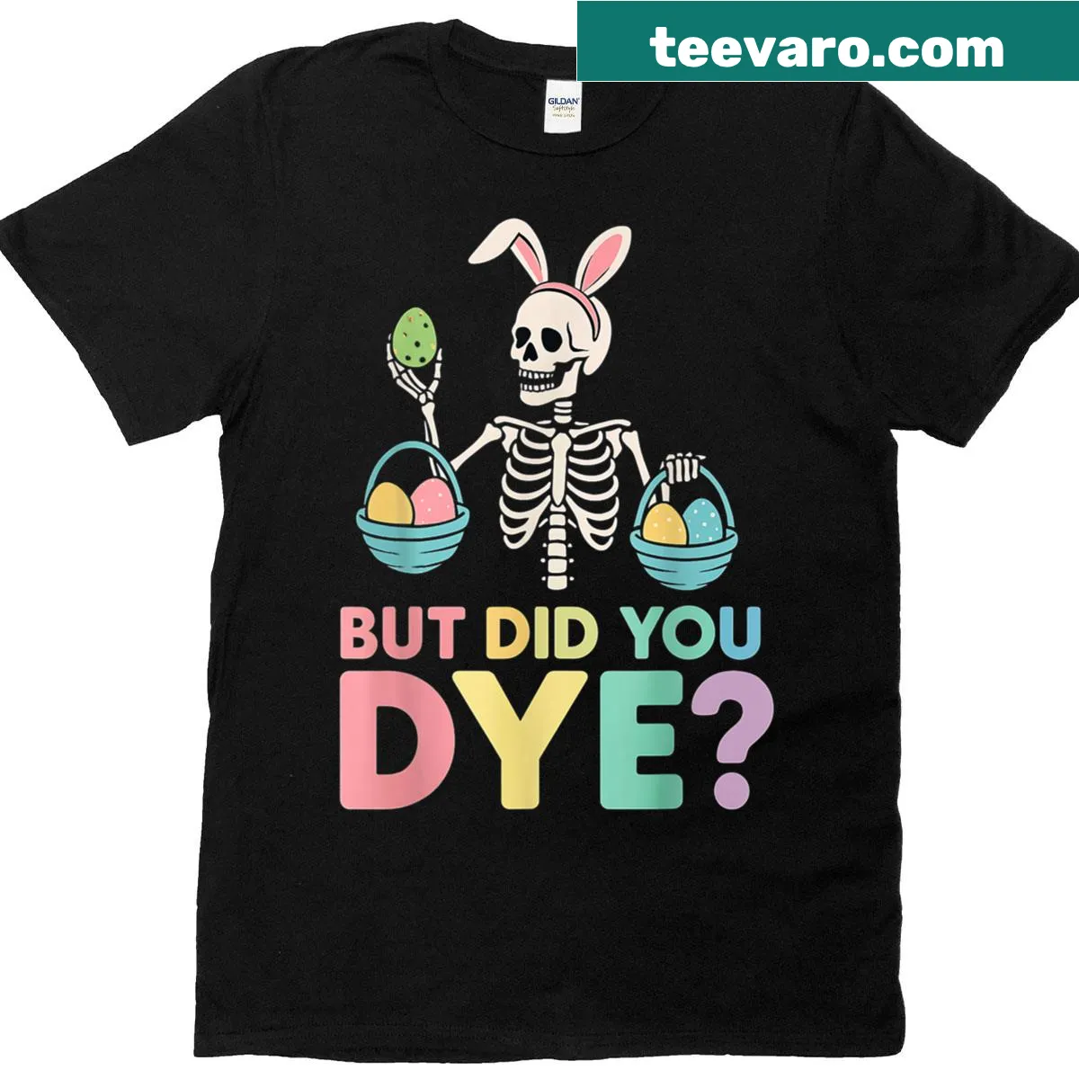 Skeleton bunny graphic T-shirt with humorous Easter theme — on a men's t-shirt