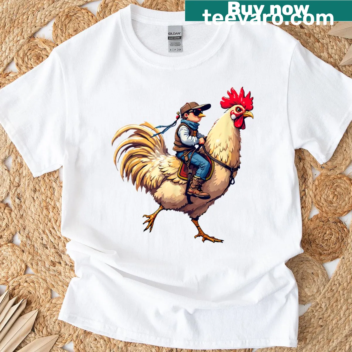 Cartoon chicken shirt featuring a pixel jockey riding a chicken — on a men's t-shirt