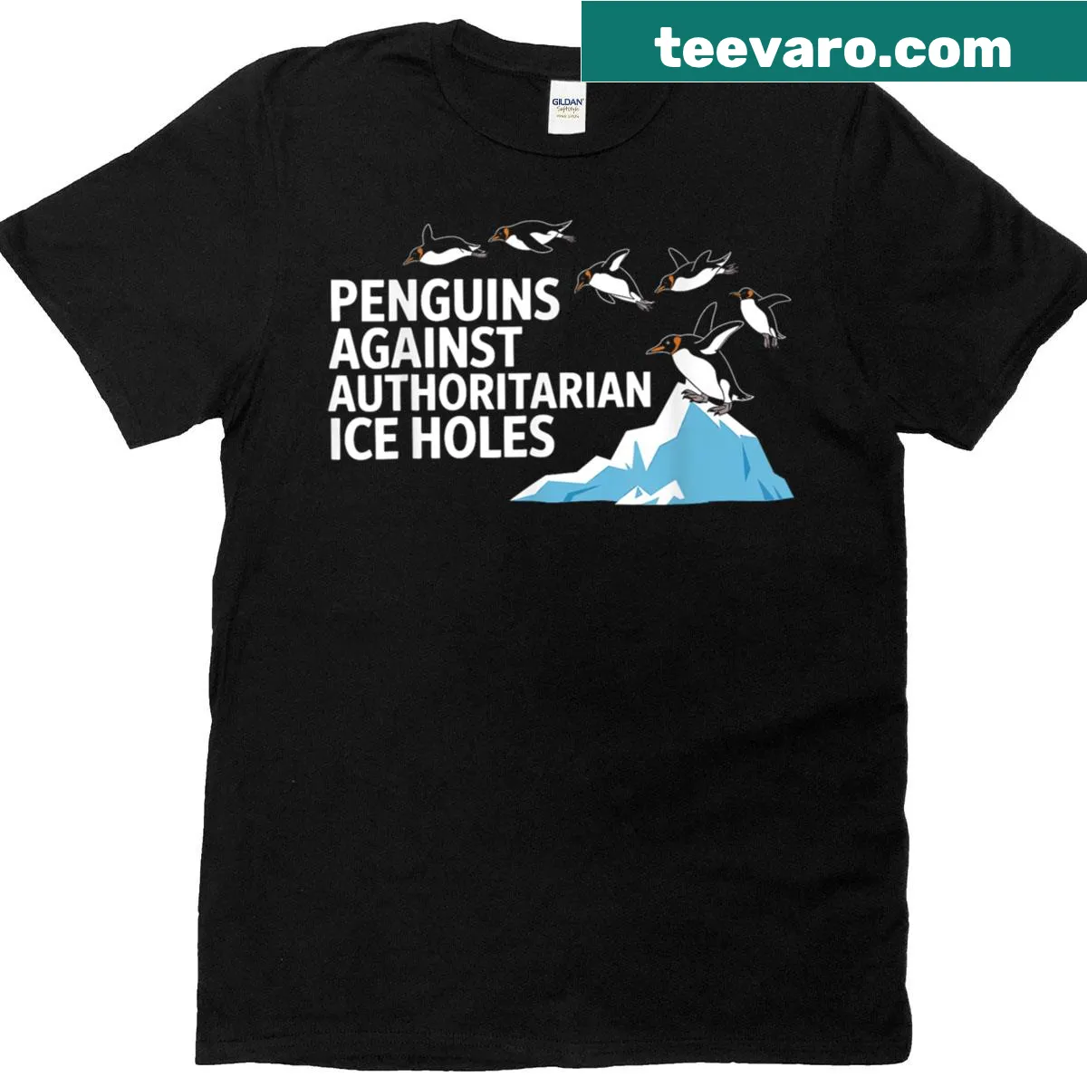 Sarcastic penguin graphic against authoritarianism on T-shirt — on a men's t-shirt