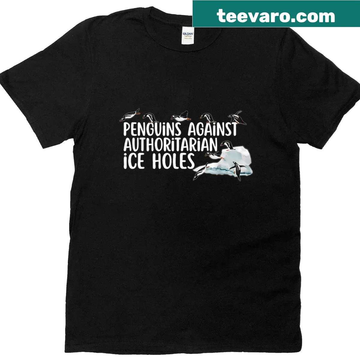 Sarcastic penguins protest T-shirt with humorous text — on a men's t-shirt