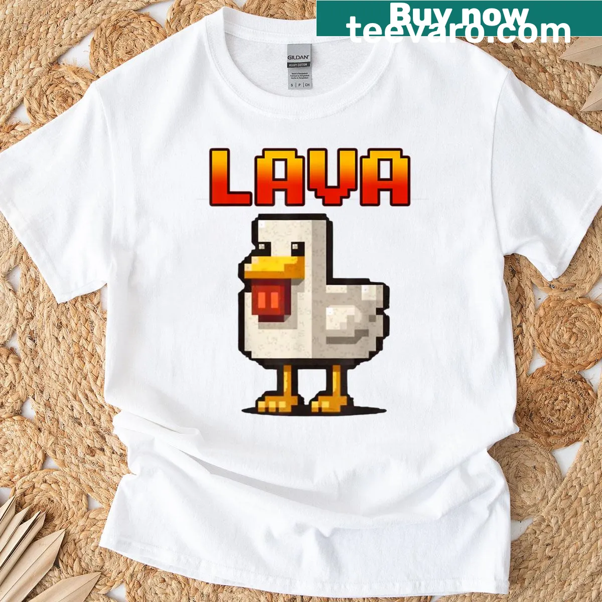 Pixelated chicken in lava graphic T-shirt for gamers — on a men's t-shirt