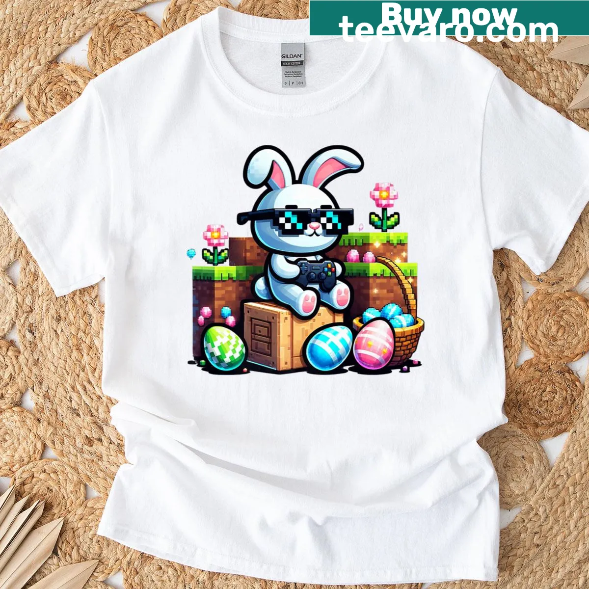 Pixelated Easter bunny gamer t-shirt design for kids — on a men's t-shirt