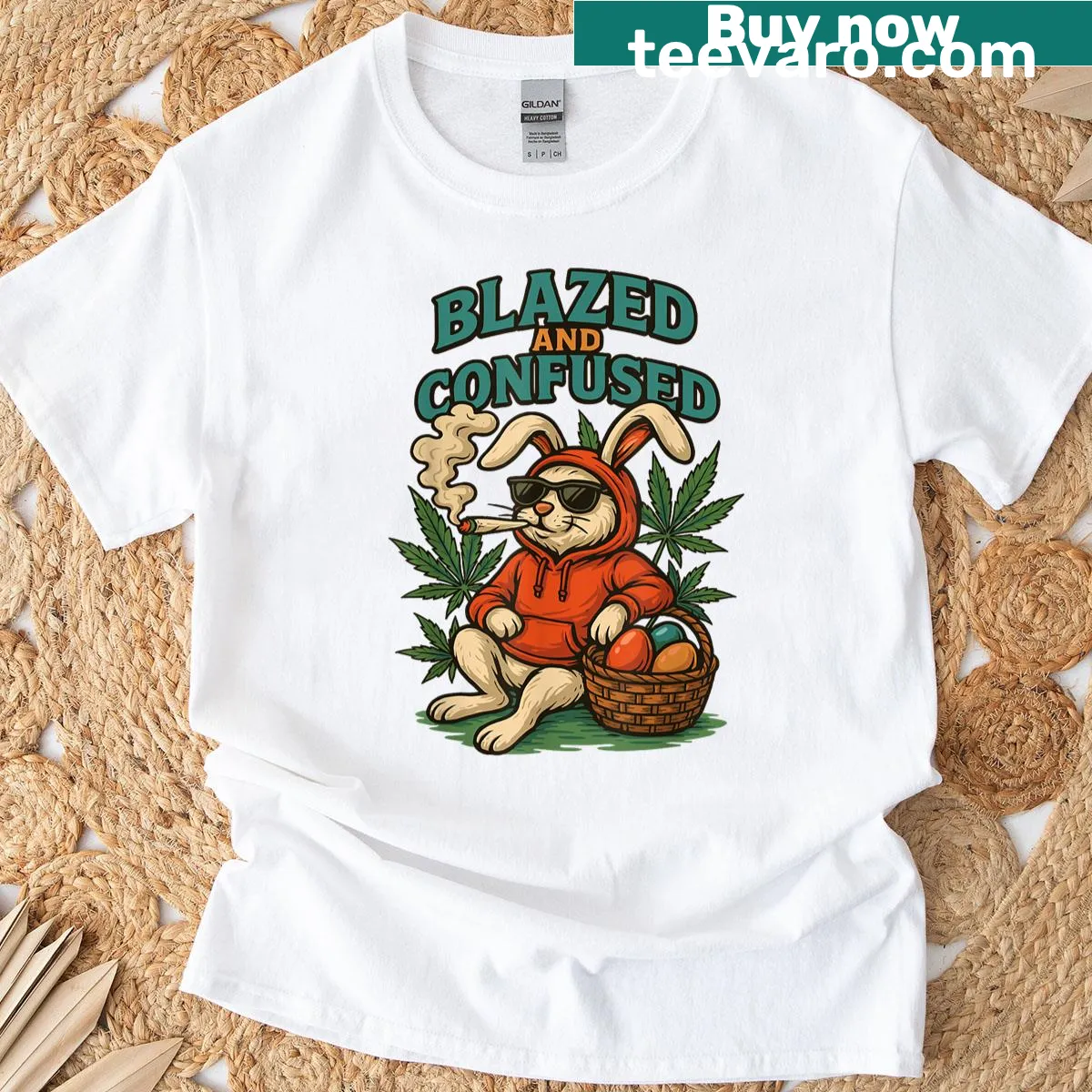 Funny rabbit graphic with blazed and confused expression — on a men's t-shirt