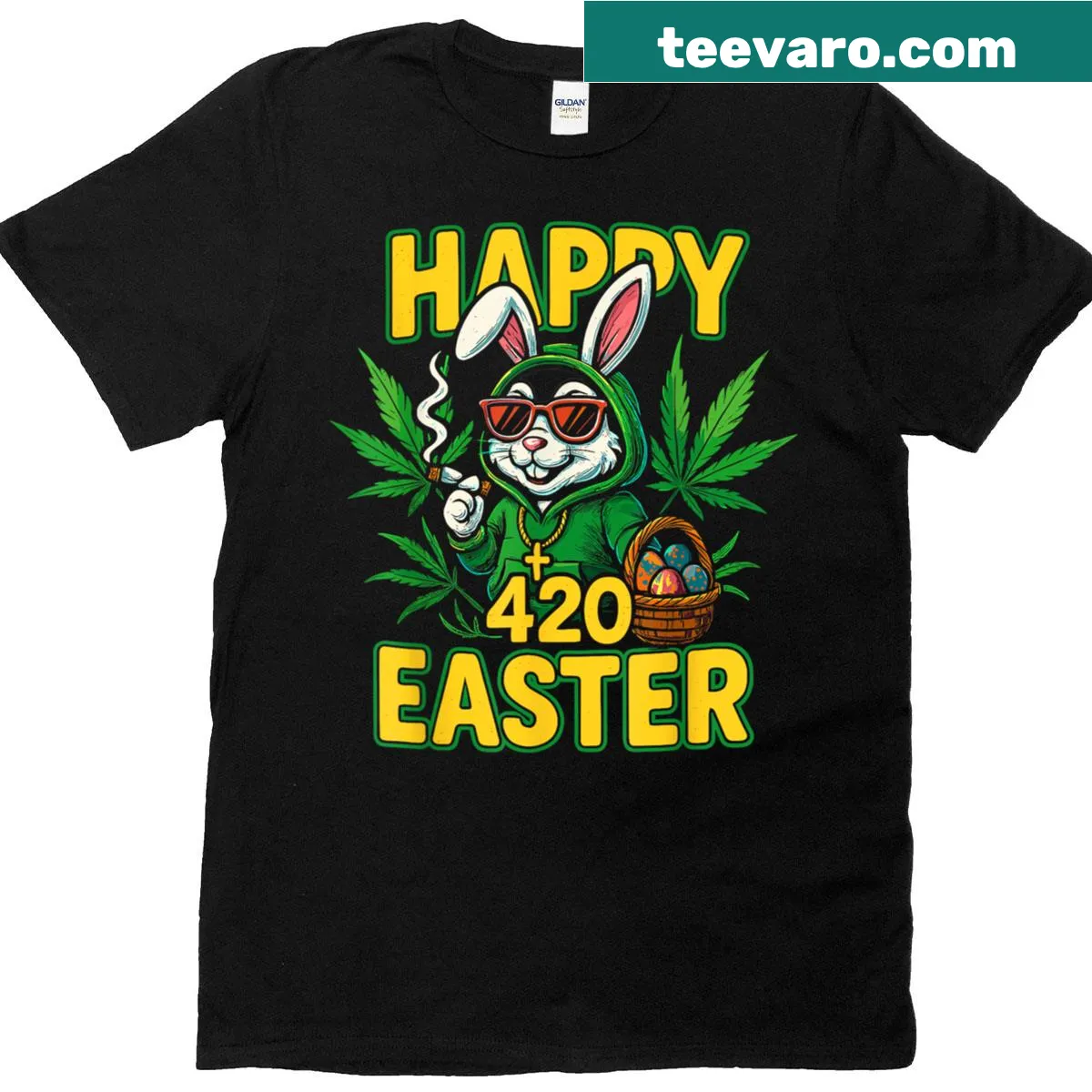Happy Easter bunny graphic T-shirt with 420 theme for couples — on a men's t-shirt