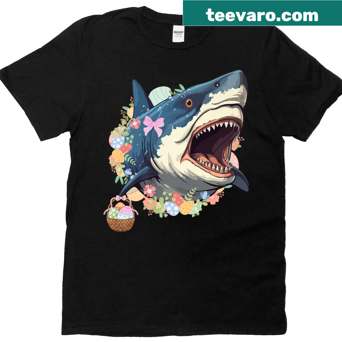 Easter-themed t-shirt featuring a shark with bunny ears and a basket — on a men's t-shirt