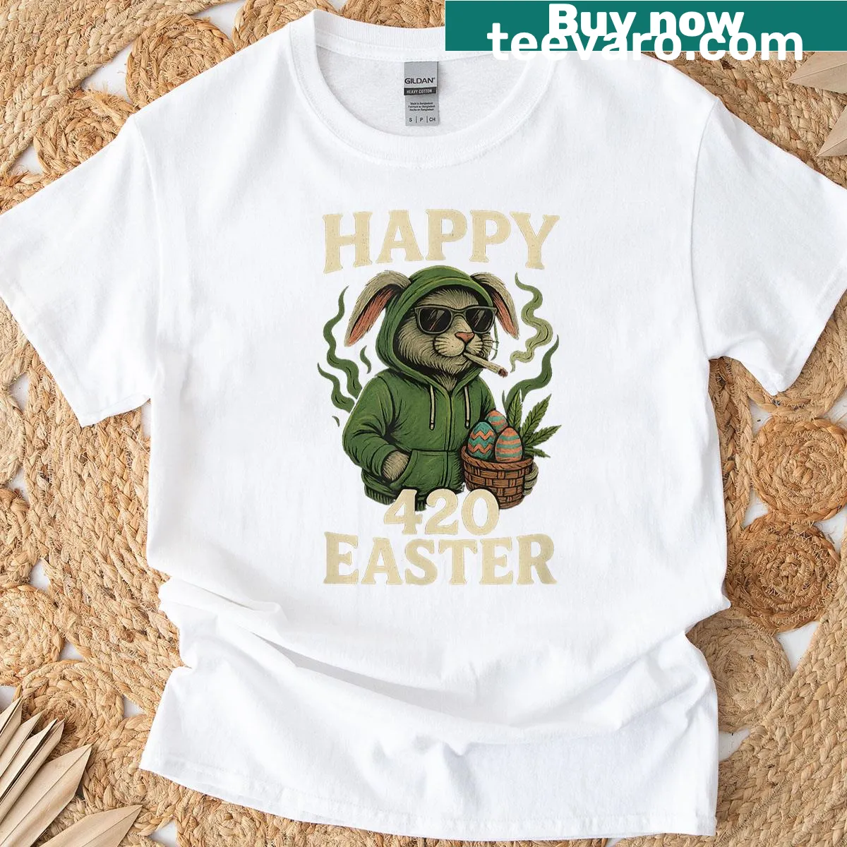 Amusing bunny graphic smoking for Easter — on a men's t-shirt