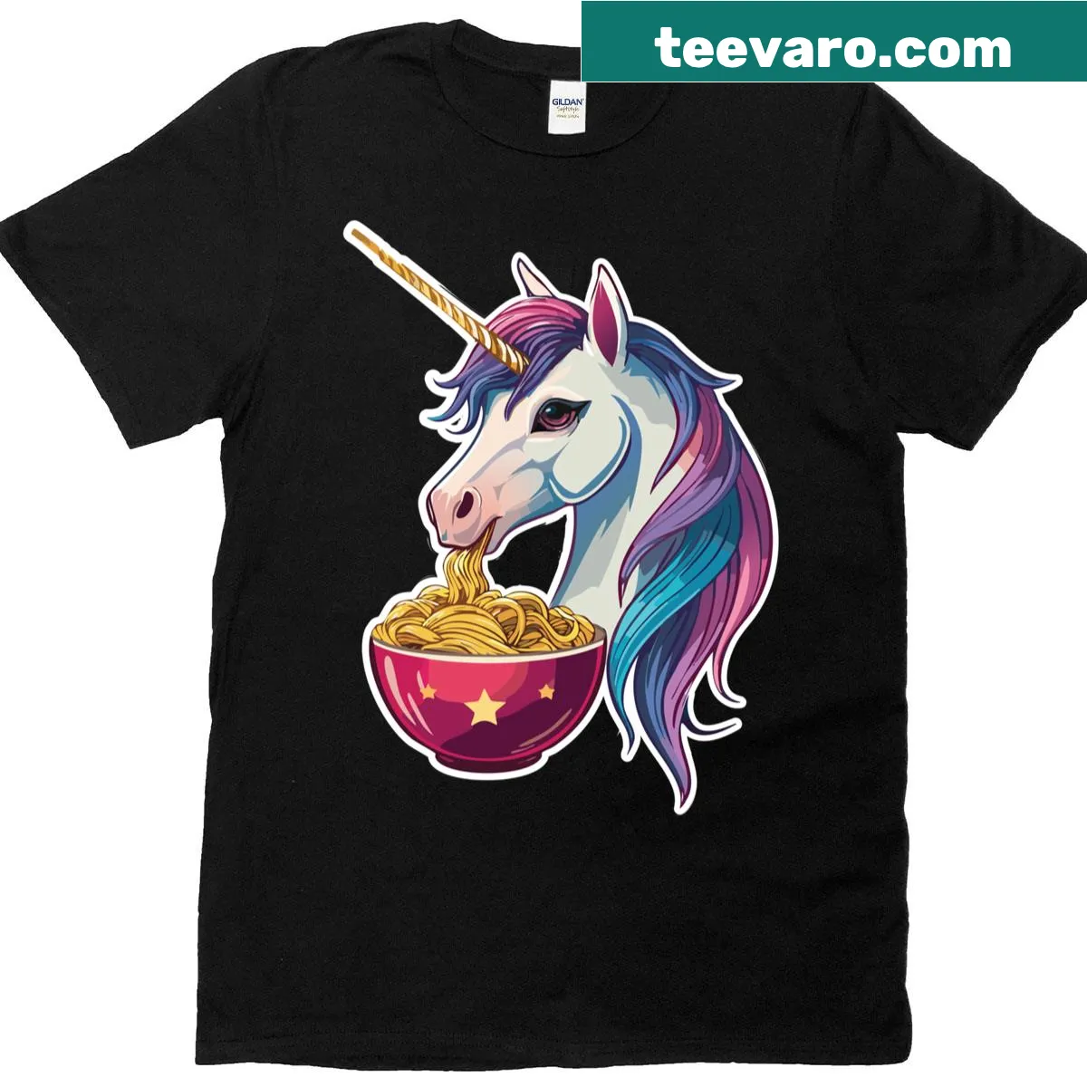 Funny unicorn eating ramen noodles cartoon T-shirt — on a men's t-shirt