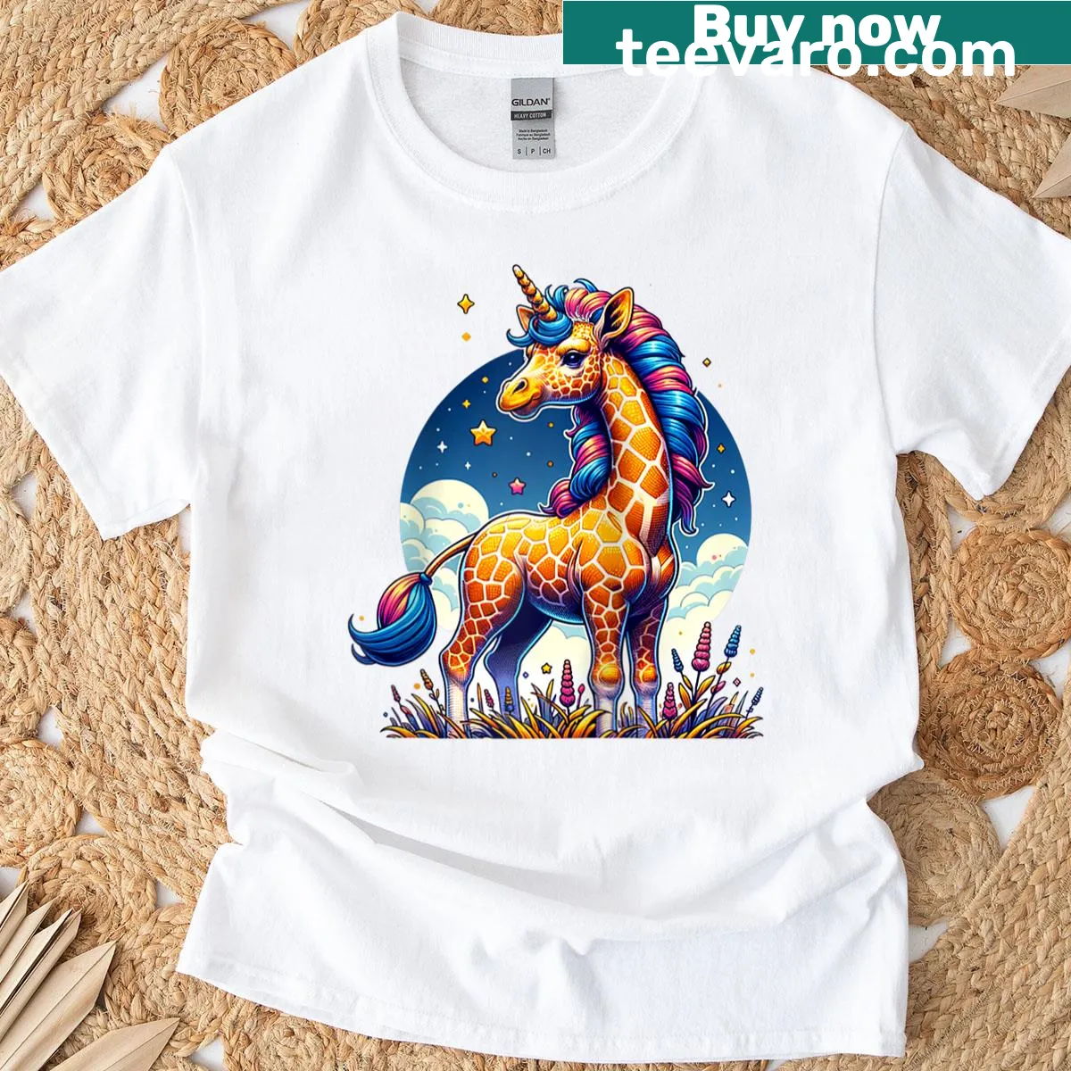 Giraffe with a unicorn horn illustrated on a tee — on a men's t-shirt