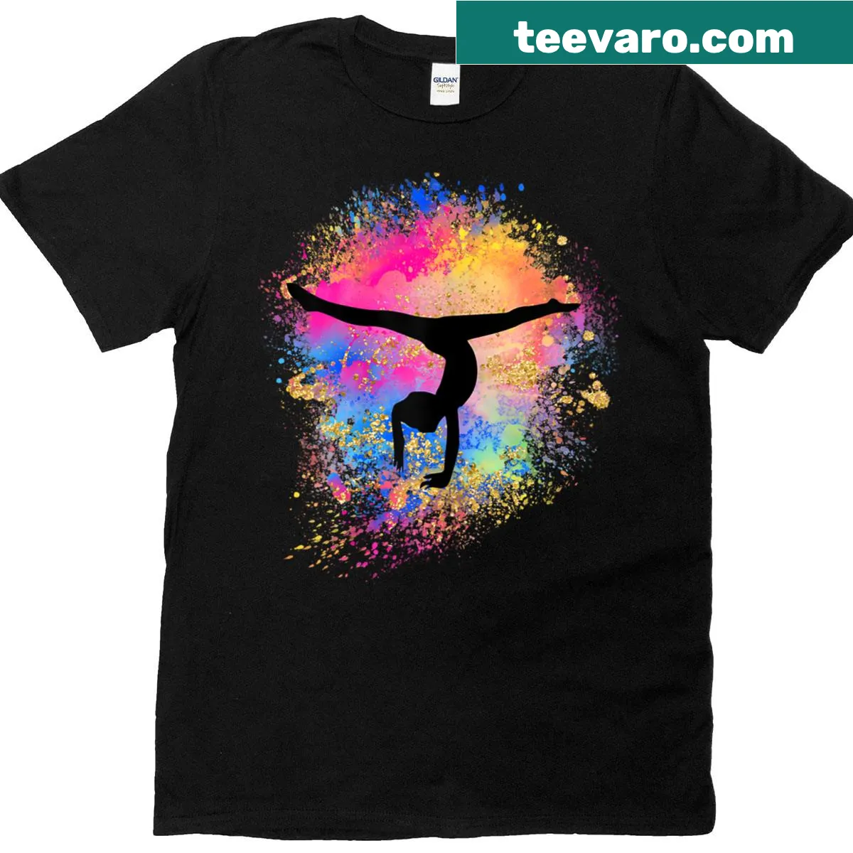 Silhouette of a female gymnast in a handstand with rainbow theme — on a men's t-shirt