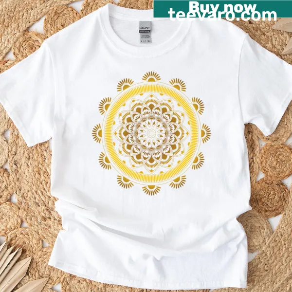 Elegant golden mandala design on a spiritual t-shirt