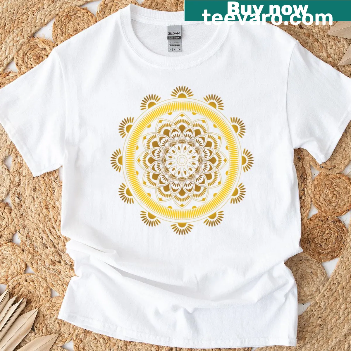 Elegant golden mandala design on a spiritual t-shirt — on a men's t-shirt