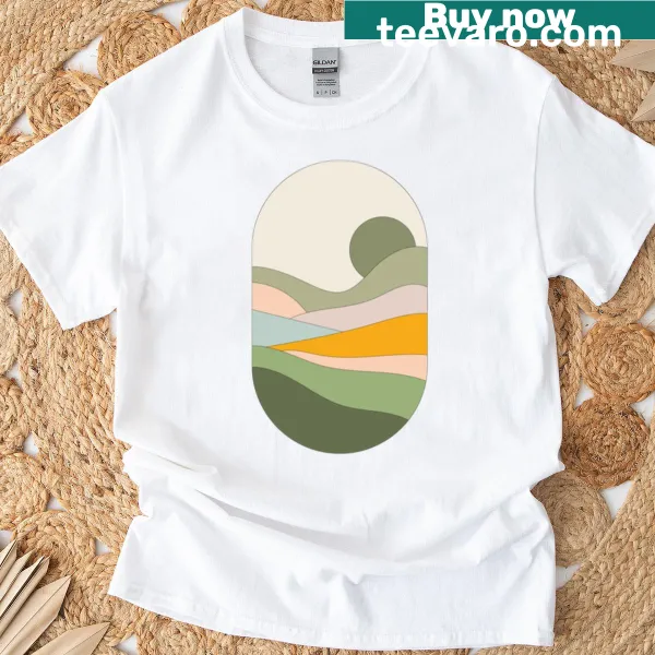 Illustrated t-shirt featuring a golden valley landscape design