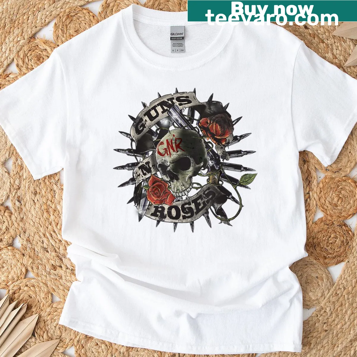 Guns N Roses skull with floral design graphic on a T-shirt — on a men's t-shirt