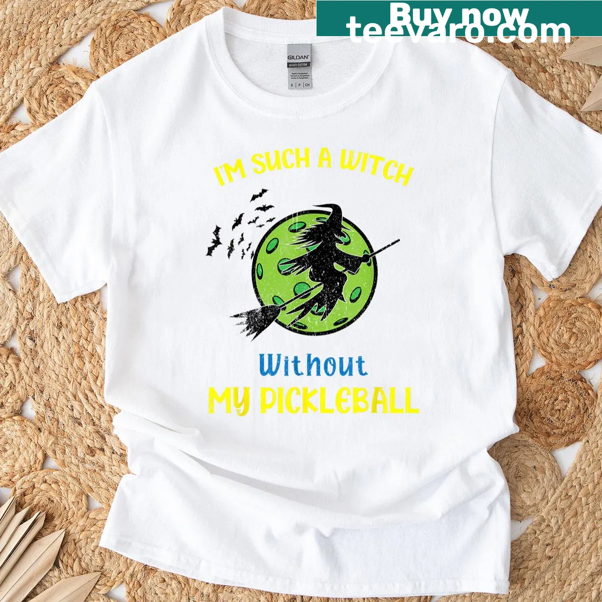 Halloween-themed Pickleball tee with witch hat graphic and humorous text — on a men's t-shirt
