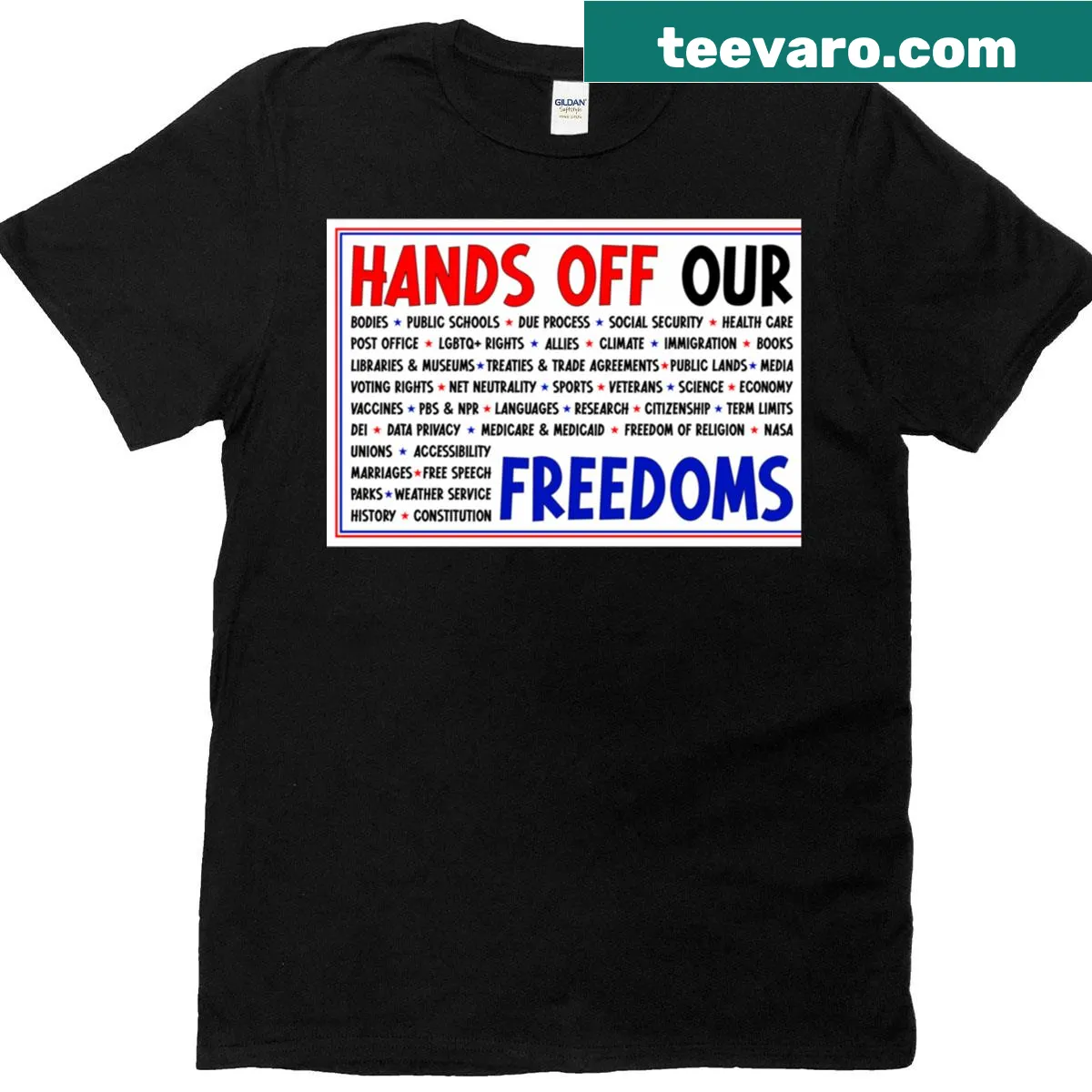Oversized T-shirt with protest sign print stating 'Hands Off Our Freedoms' — on a men's t-shirt