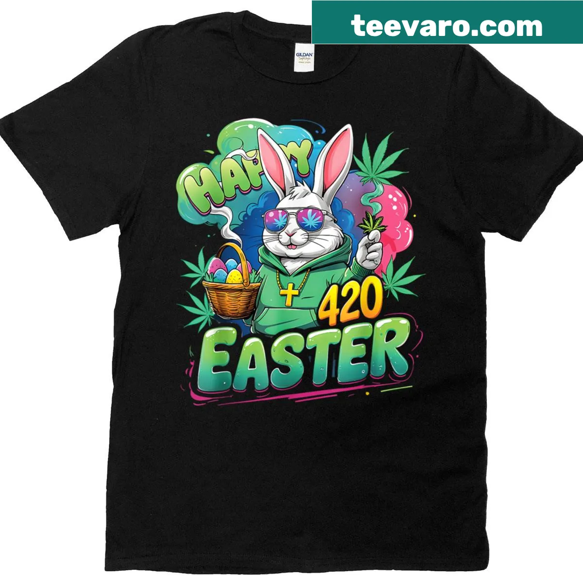 T-shirt with an Easter Bunny and cannabis art design — on a men's t-shirt