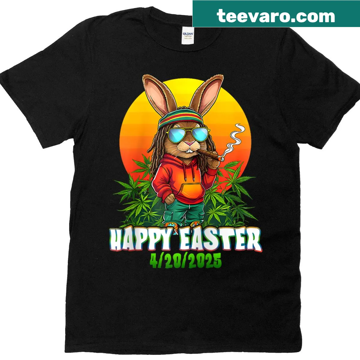 Funny raglan T-shirt with smoking Easter bunny design — on a men's t-shirt