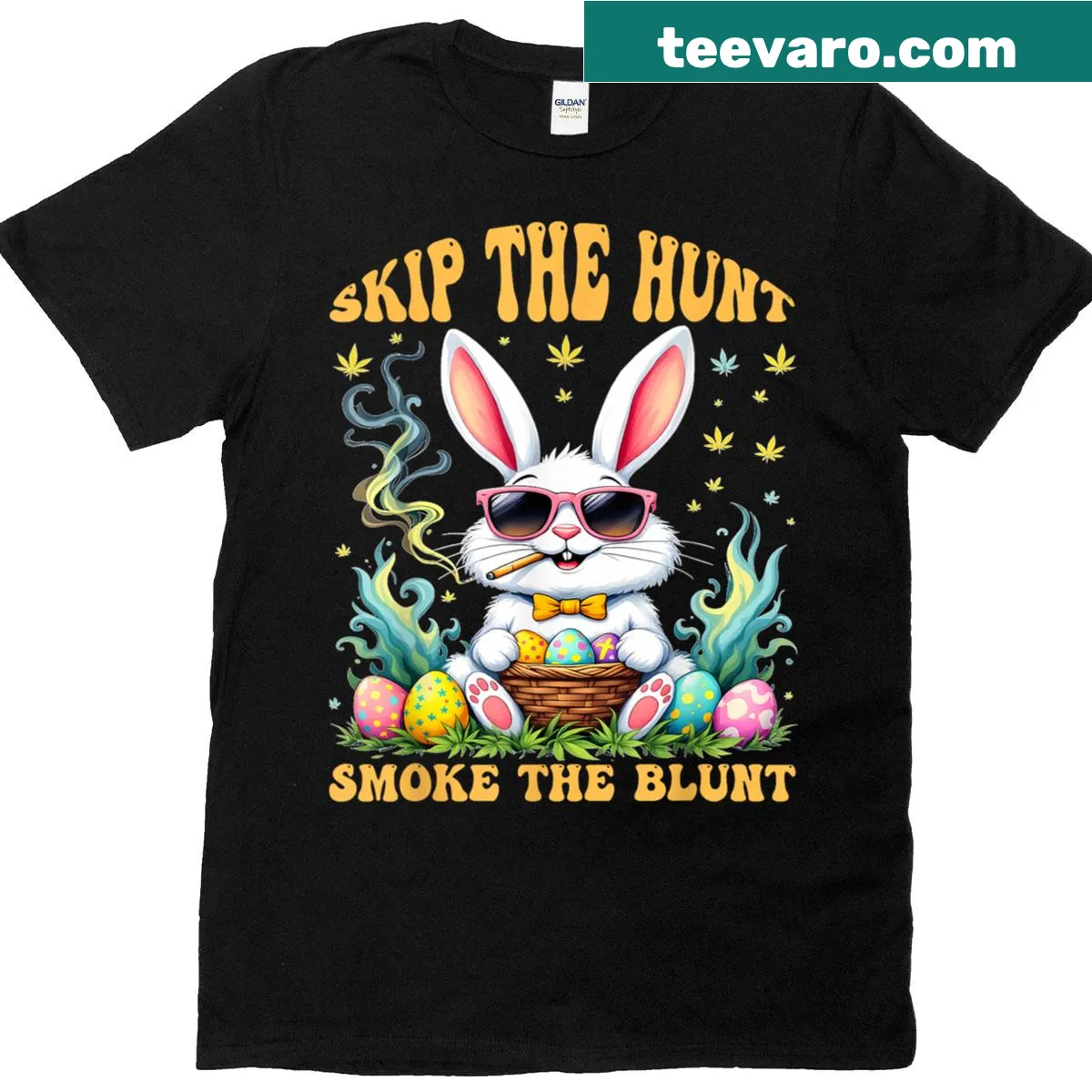 Humorous Easter t-shirt with cannabis theme and playful text — on a men's t-shirt