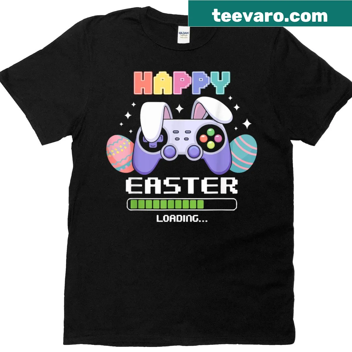 Easter-themed T-shirt with bunny and eggs in a video game style — on a men's t-shirt