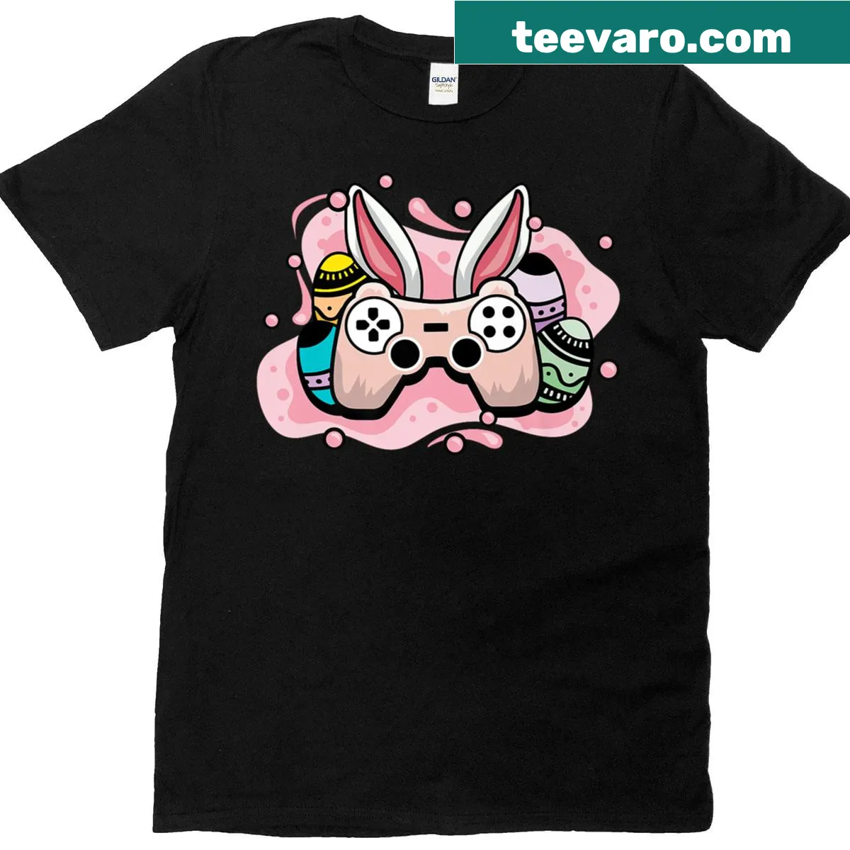 Gaming T-shirt with Easter bunny and video game controller design — on a men's t-shirt