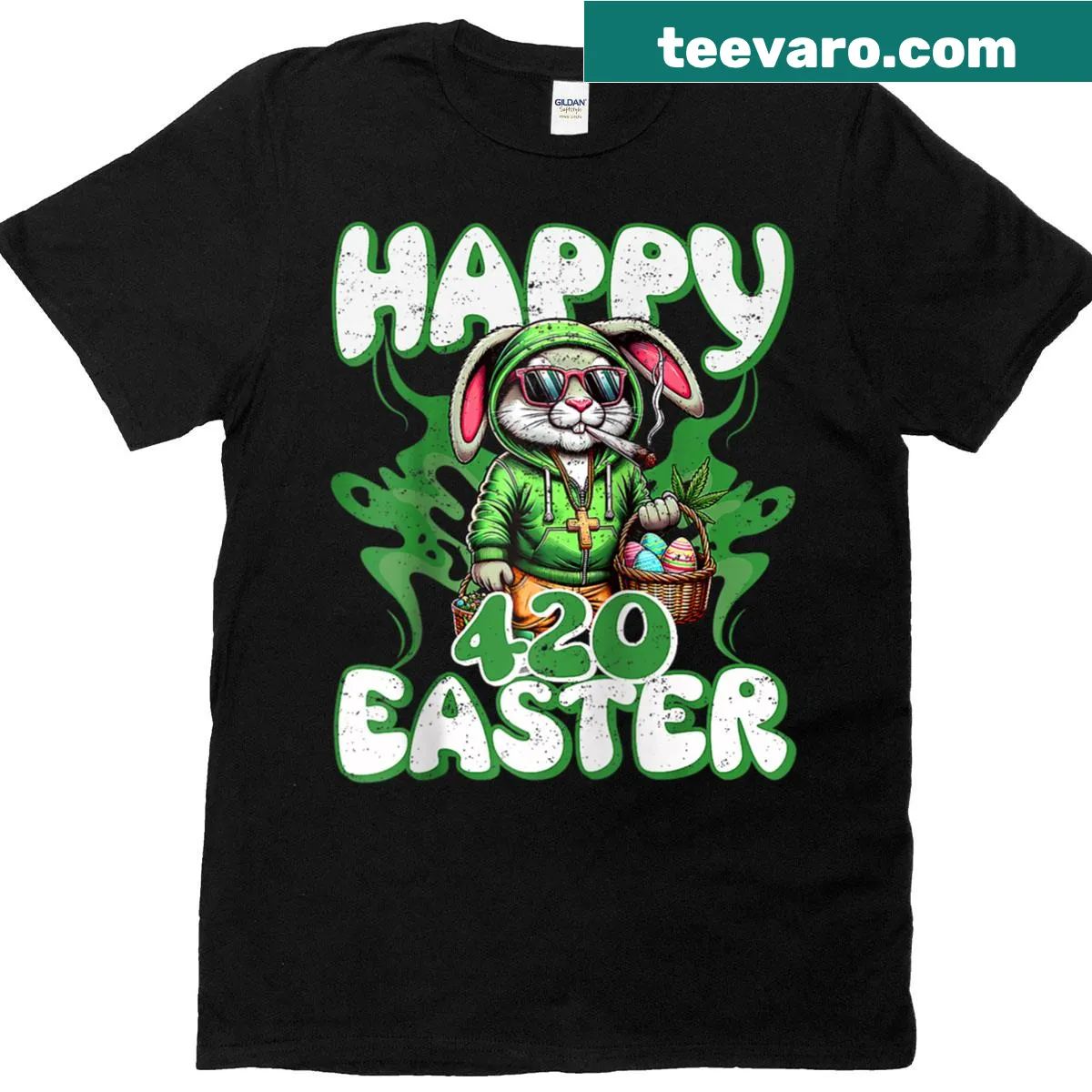 Funny Easter bunny graphic with 420 theme on raglan tee — on a men's t-shirt