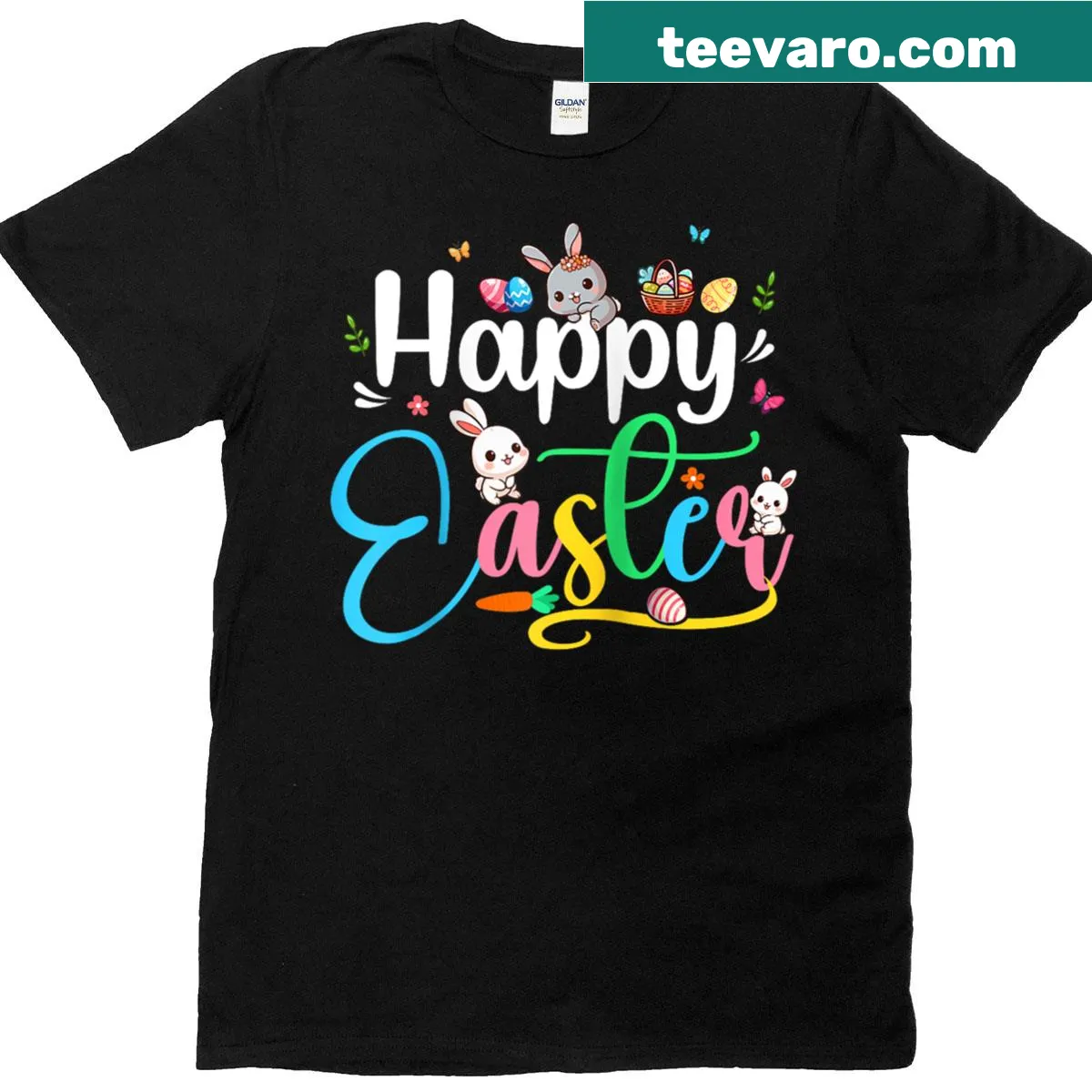 Cute bunnies and chocolate eggs design on raglan baseball tee — on a men's t-shirt