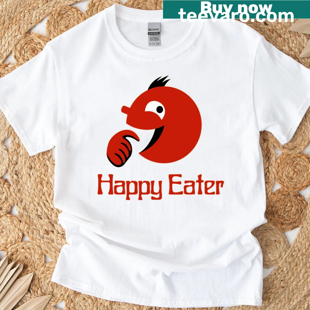 Playful Easter bunny with a basket of eggs on a T-shirt. — on a men's t-shirt