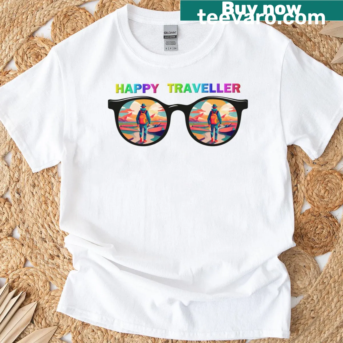 Typography T-shirt with 'Happy Traveller' text design — on a men's t-shirt