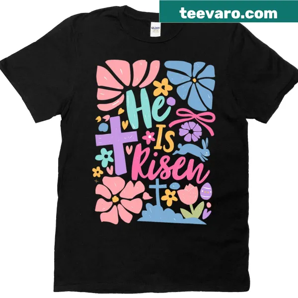 Illustrated Easter cross with text 'He Is Risen' in a stylish design.