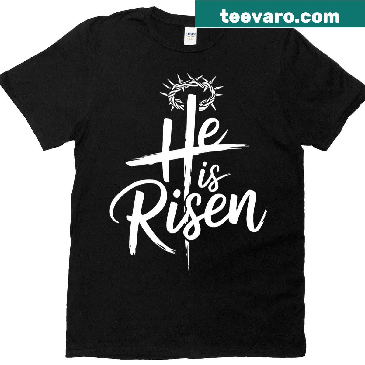 Jesus cross graphic shirt with the phrase 'He Is Risen' for Easter — on a men's t-shirt