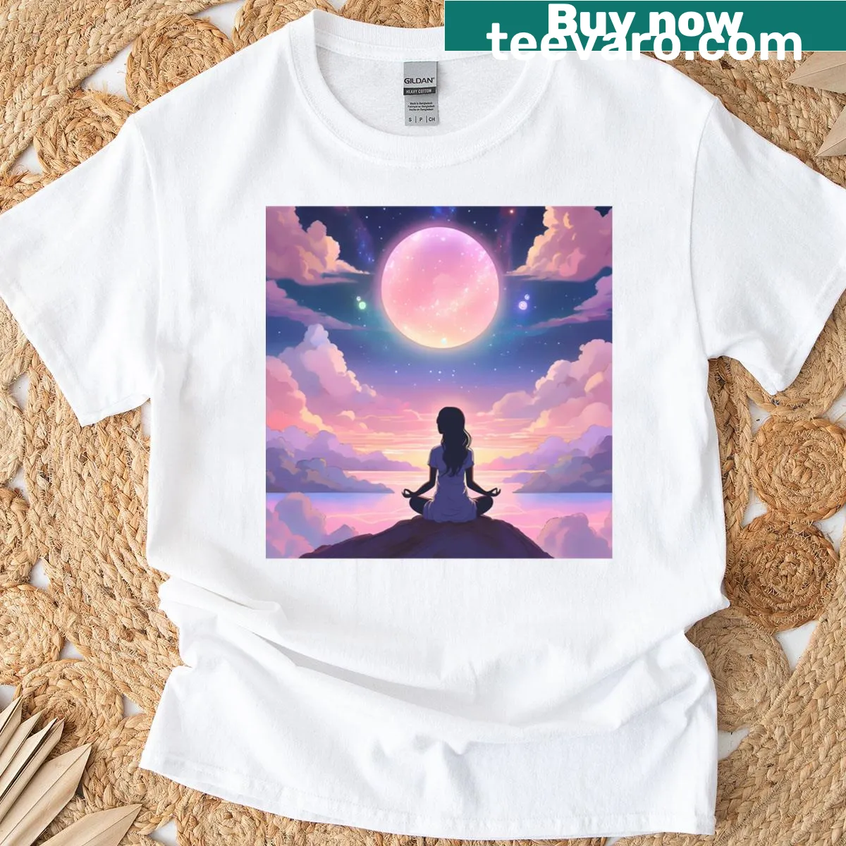 Long T-shirt featuring a peaceful meditation graphic in a heavenly theme — on a men's t-shirt