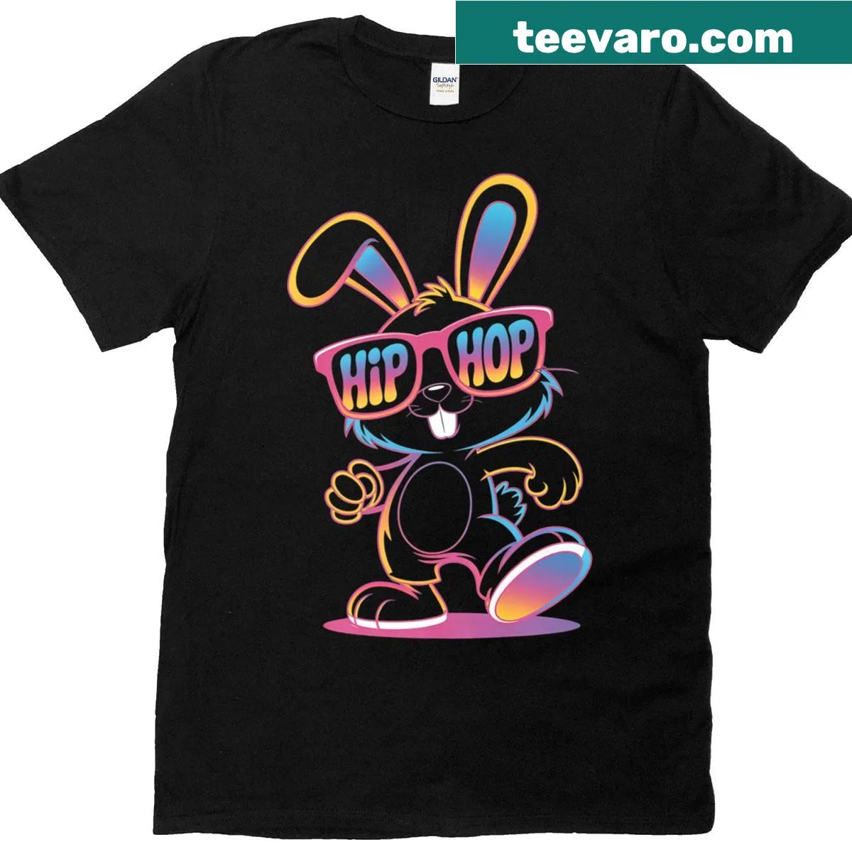 T-shirt with playful bunny face wearing sunglasses for Easter — on a men's t-shirt