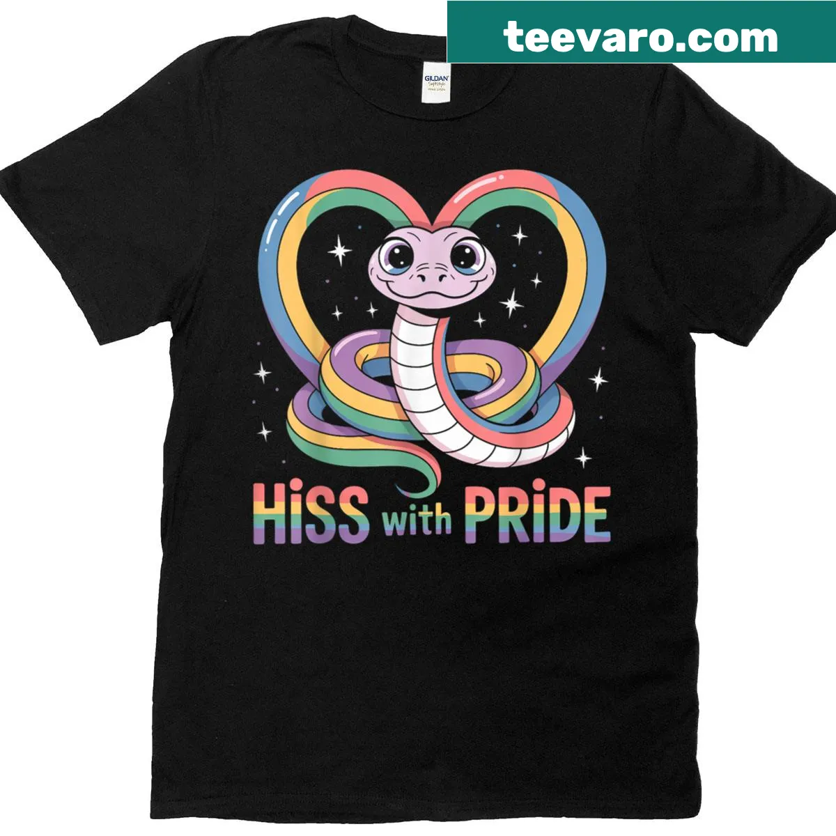 Rainbow snake graphic T-shirt with 'Hiss With Pride' text. — on a men's t-shirt