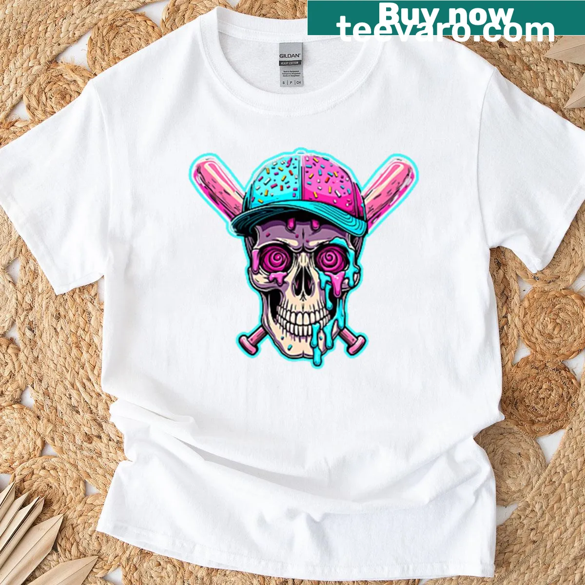 Baseball raglan tee with skull wearing cap and ice cream cone illustration — on a men's t-shirt