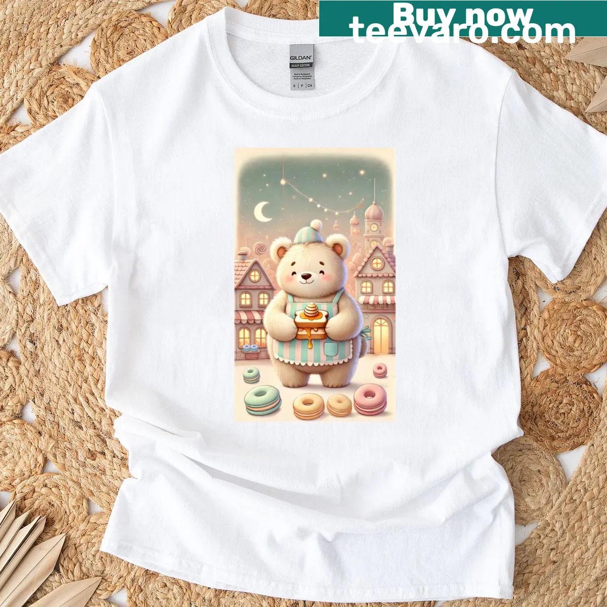 Cozy bear enjoying honey toast on a t-shirt. — on a men's t-shirt