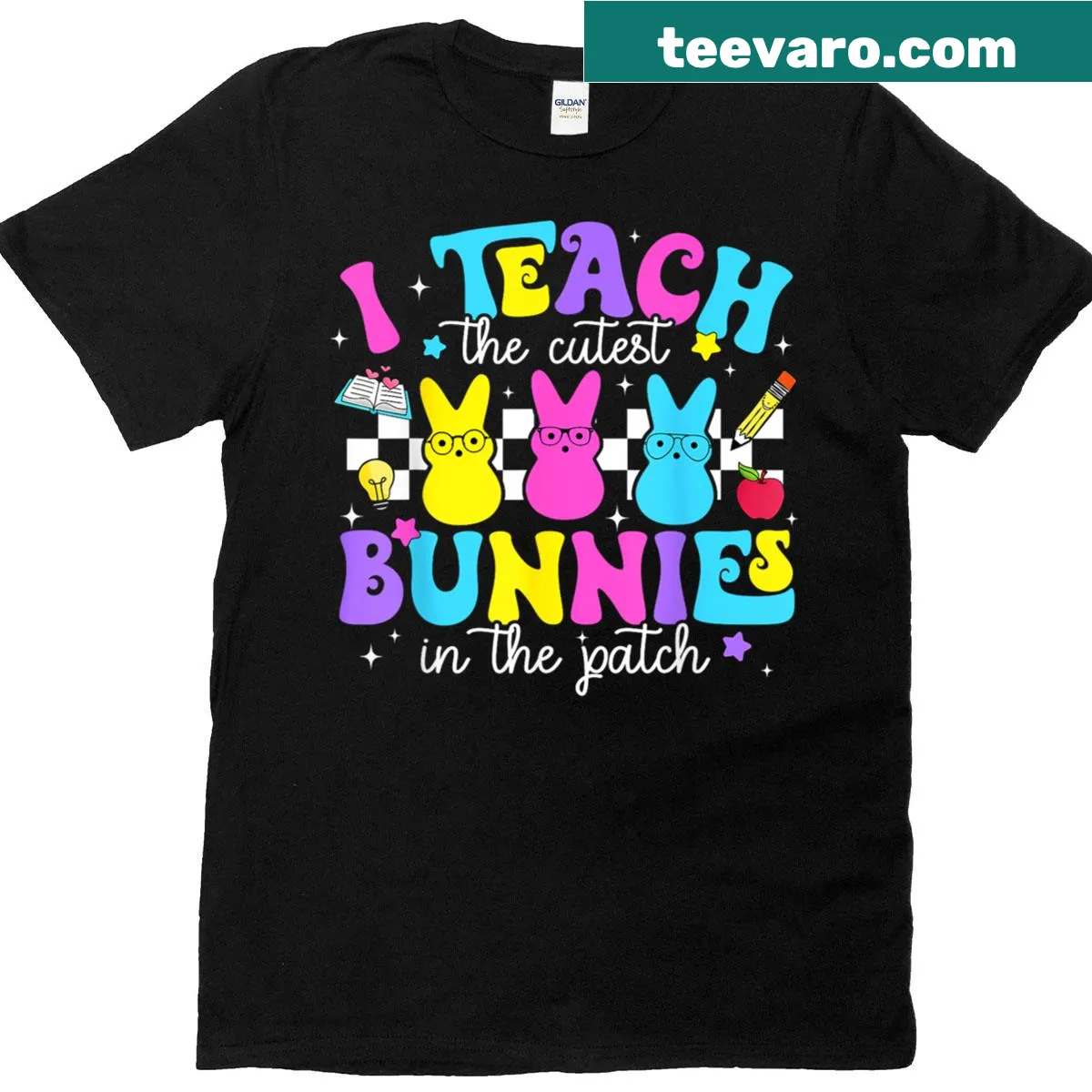 Cute bunnies and flowers illustration for Easter teachers — on a men's t-shirt