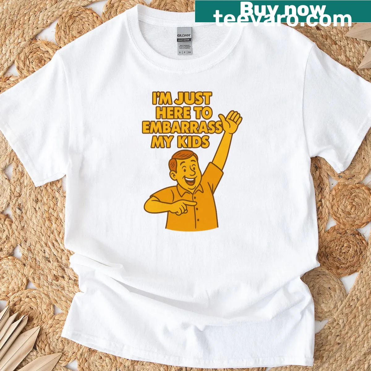 Funny parenting t-shirt with text 'I'm Just Here To Embarrass My Kids' — on a men's t-shirt