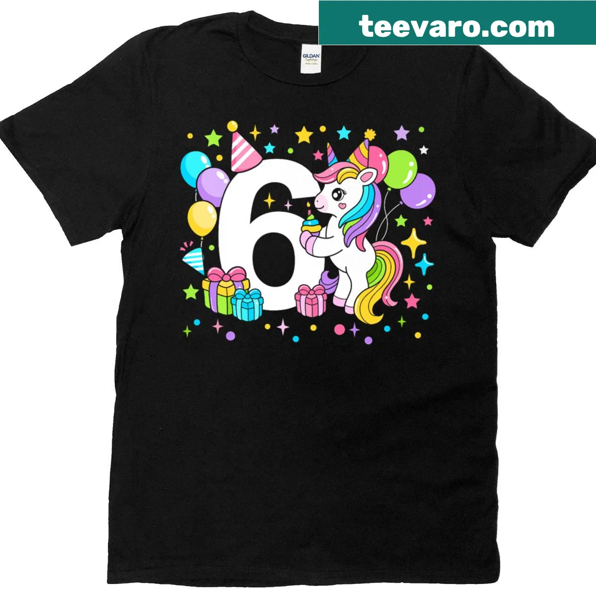 T-shirt with unicorn graphic celebrating 6th birthday for girl — on a men's t-shirt