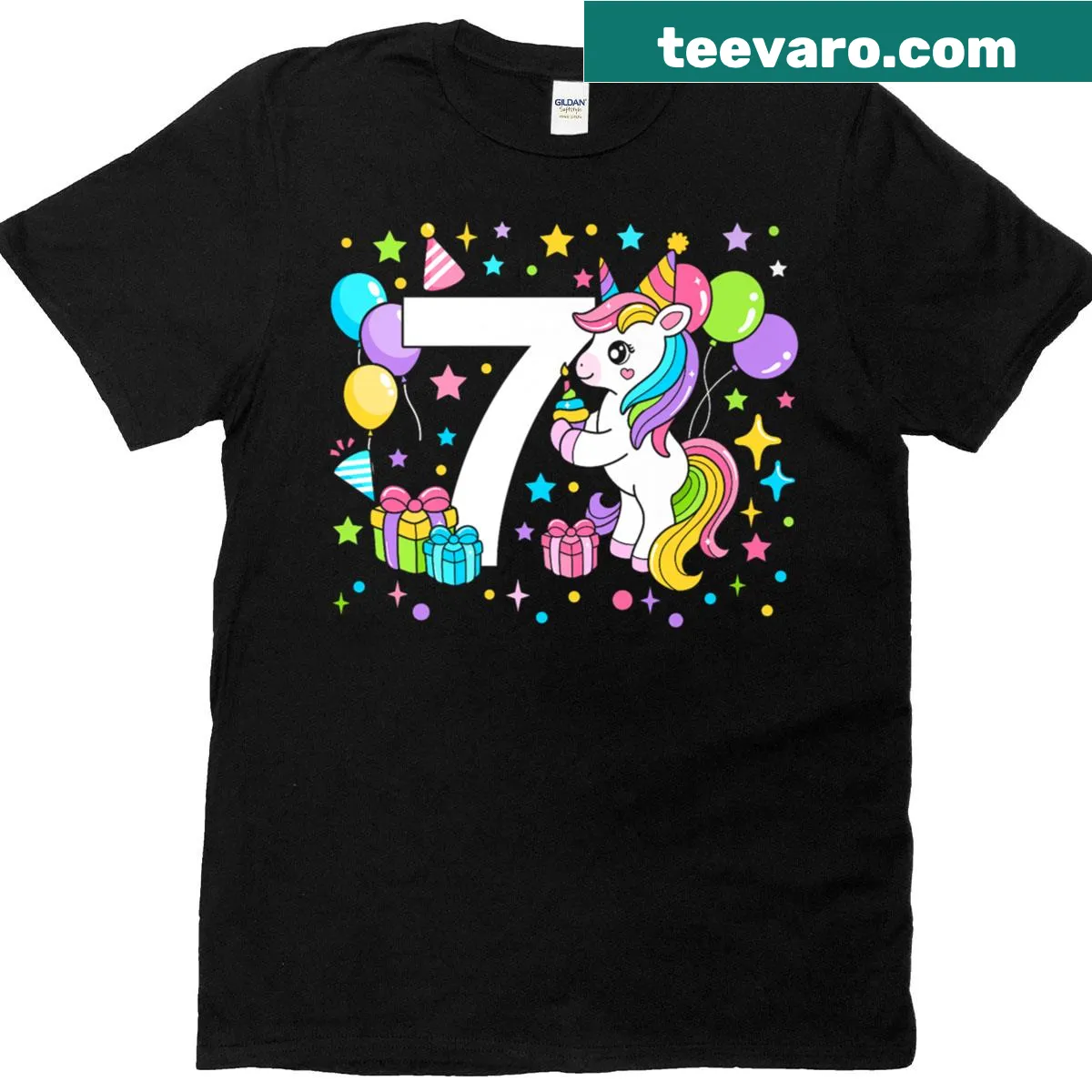 Unicorn graphic celebrating 7th birthday on a t-shirt — on a men's t-shirt