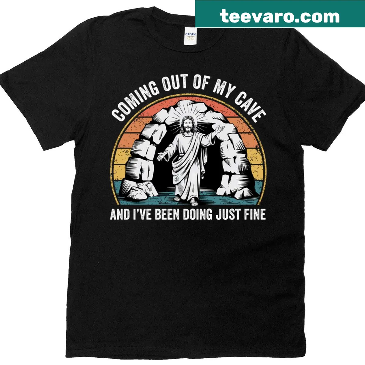 Retro t-shirt of Jesus humorously coming out of a cave — on a men's t-shirt